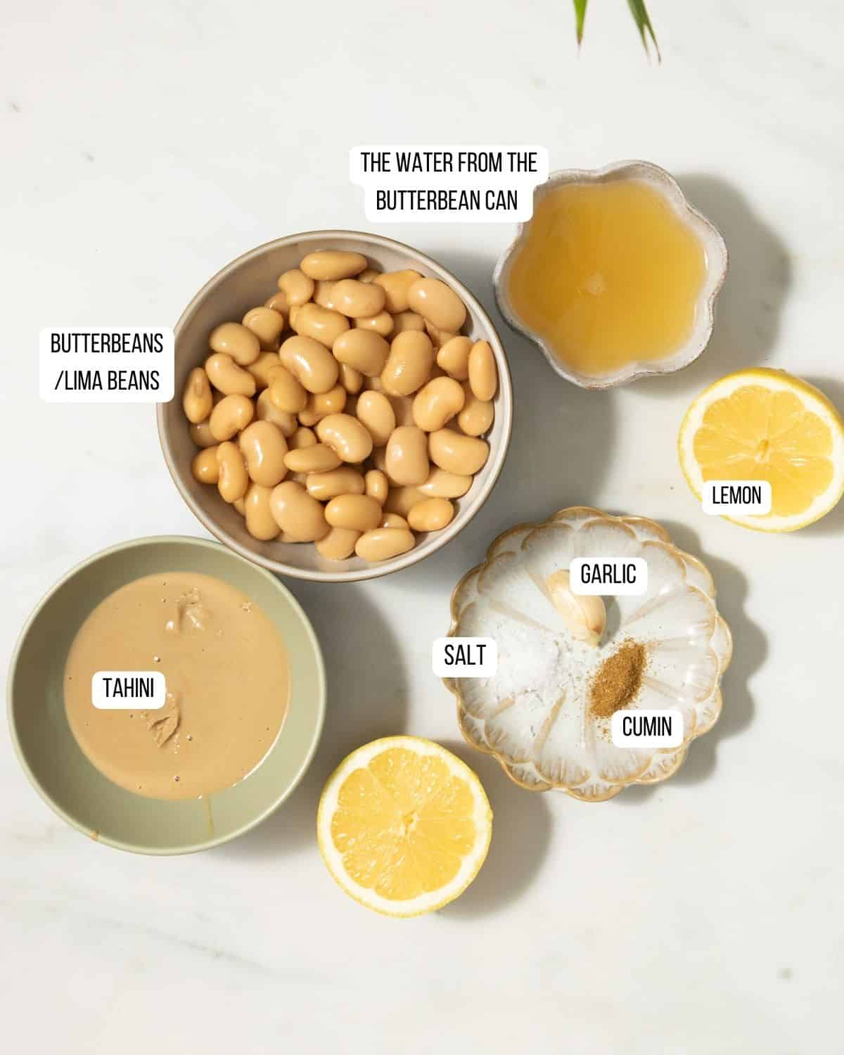 Ingredients for butter bean hummus laid out.