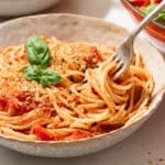 A bowl of spaghetti arrabbiata ready to eat.