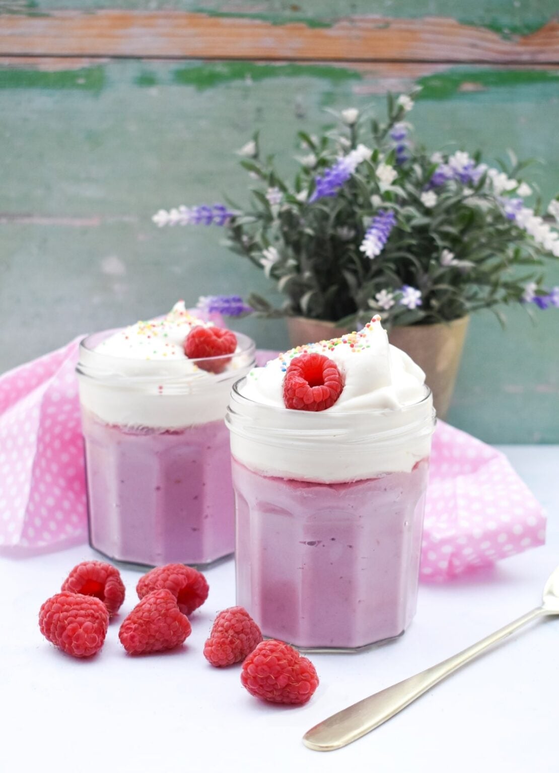 Raspberry Mousse wtih Silken Tofu in little jars.