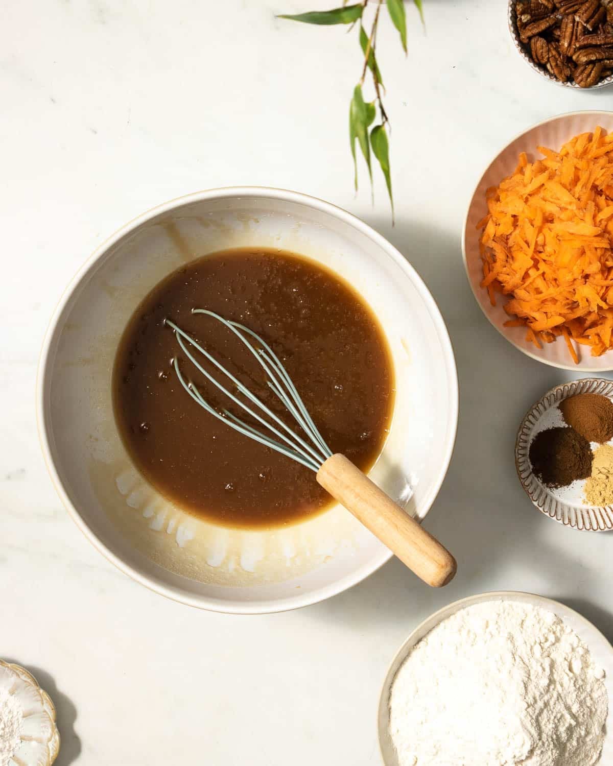 Mix the aquafaba, oil , sugar and spices together.