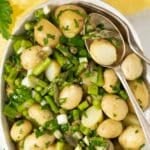 A close up of the asparagus and baby potato salad ready to serve.