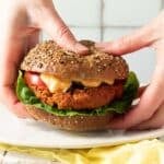 Spicy chickpea patty on a burger bun ready to eat.