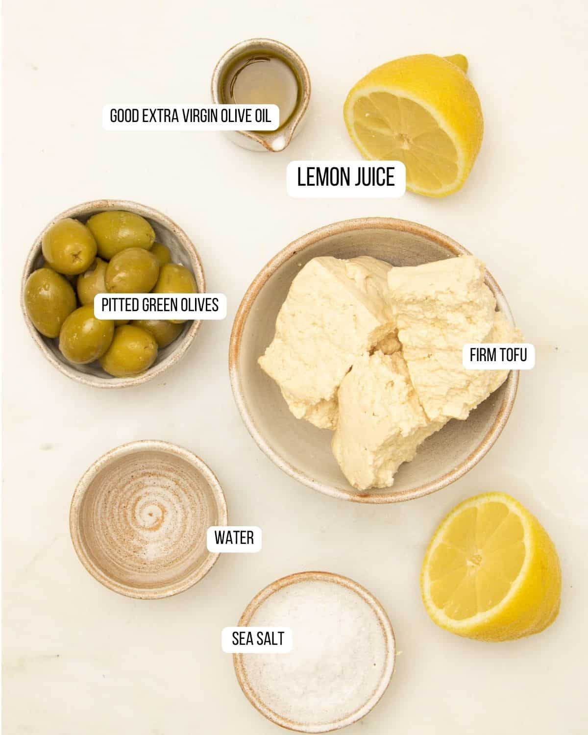 Ingredients for whipped tofu feta laid out.
