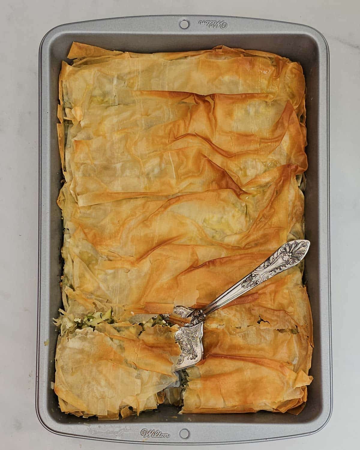 The pie is ready to be eaten when it is crispy on top.