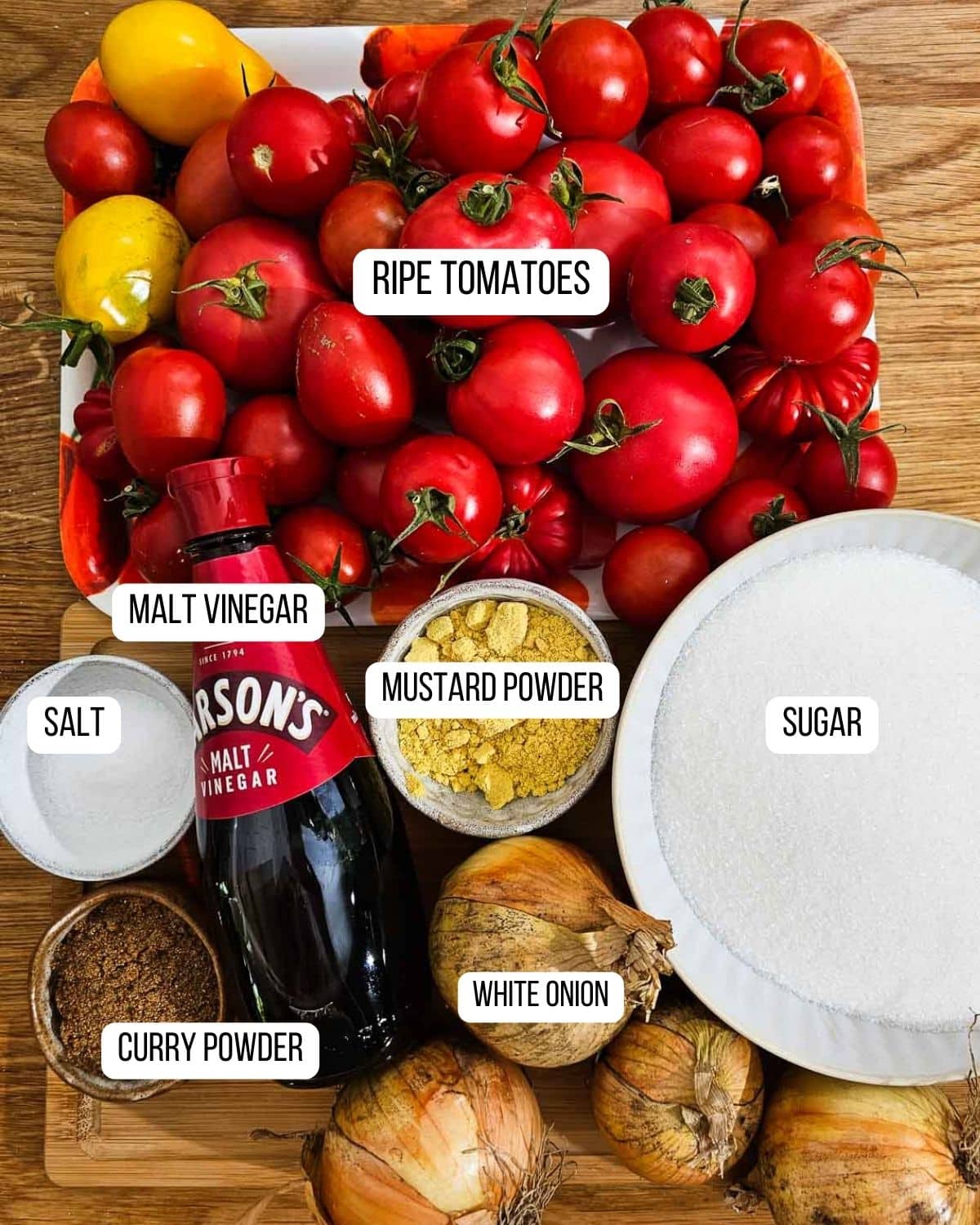 Ingredients for the onion and tomato chutney laid out.