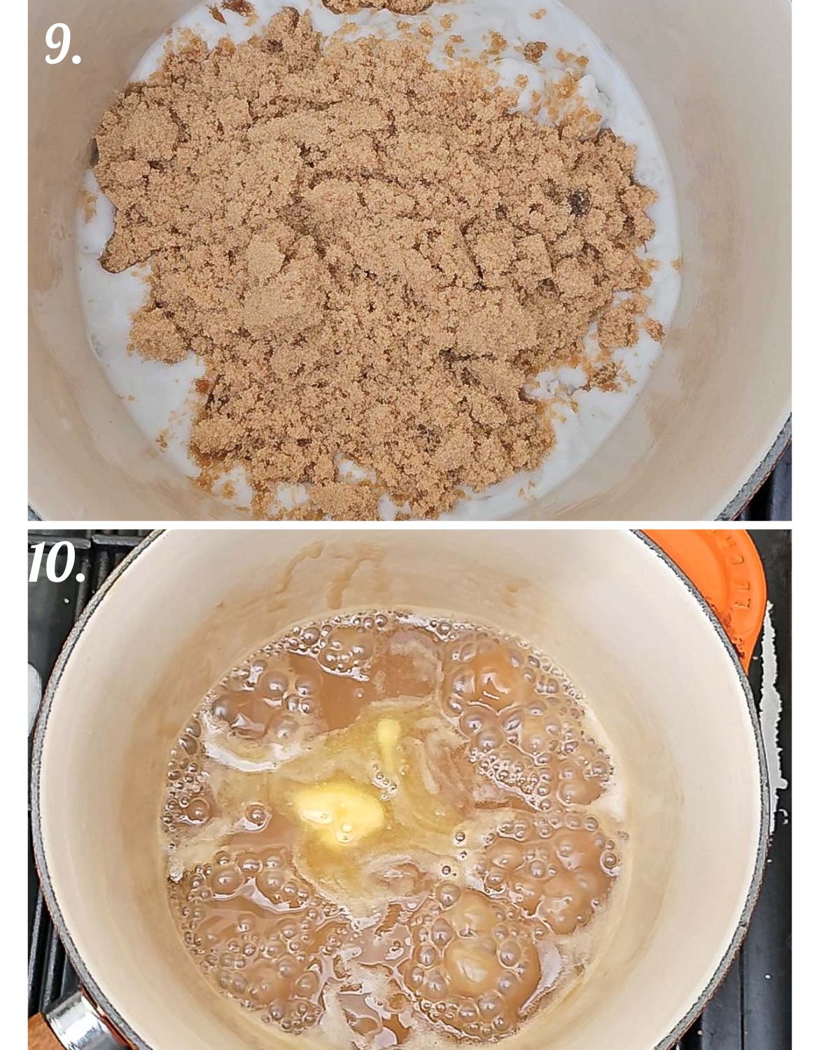 Make the toffee sauce by combining coconut cream, brown sugar and plant-based butter. Simmer until glossy.