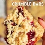 Vegan cranberry shortbread bars, with one being held up to the camera to show the juicy cranberry interior.