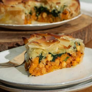 Chickpea and Butternut squash filo pie ready to eat.
