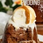 Sticky toffee pudding with toffee sauce being drizzled on top.