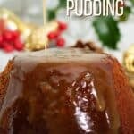 Sticky toffee pudding with toffee sauce being drizzled on top.
