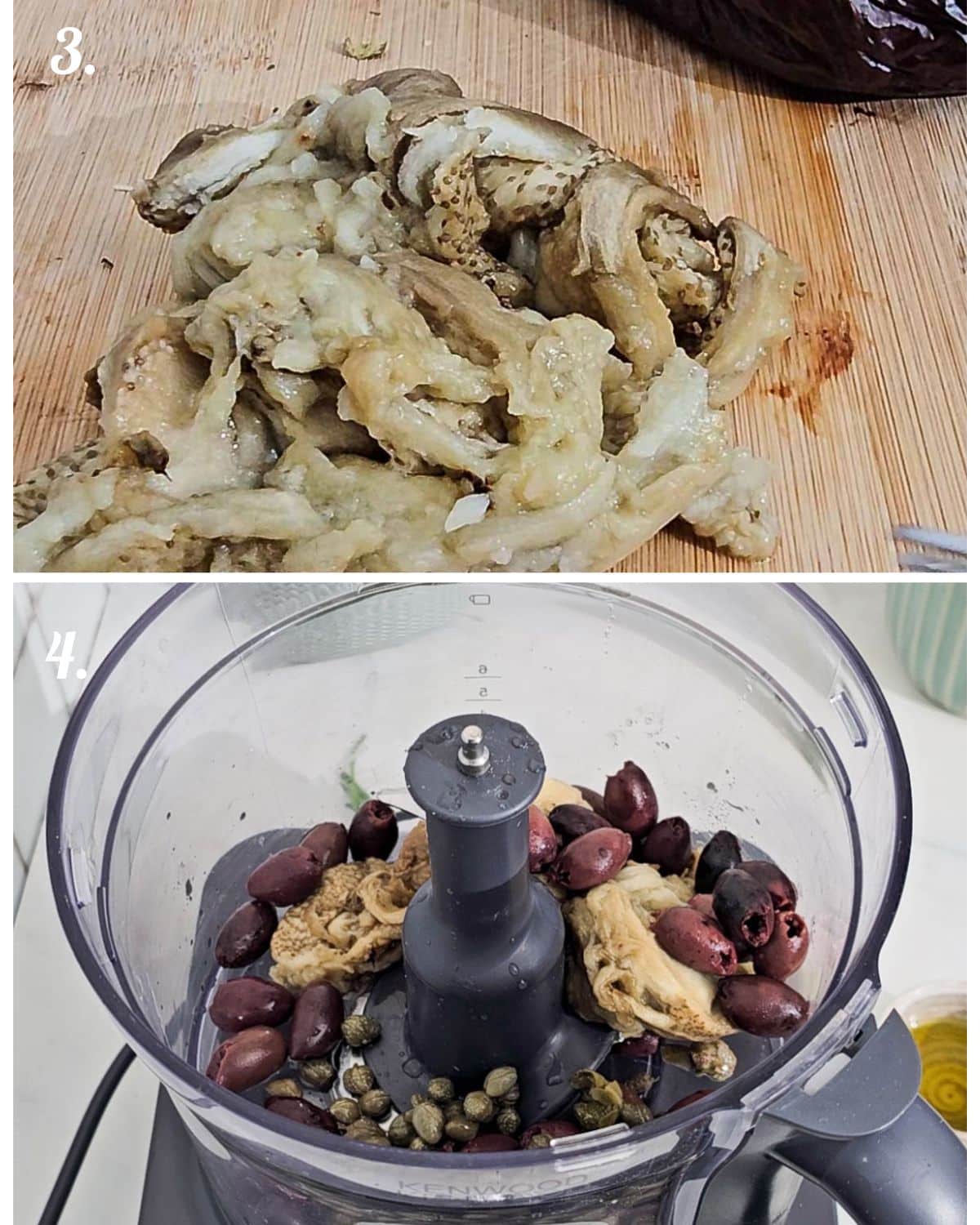 The scooped out aubergine, then adding all the ingredients to a food processor.