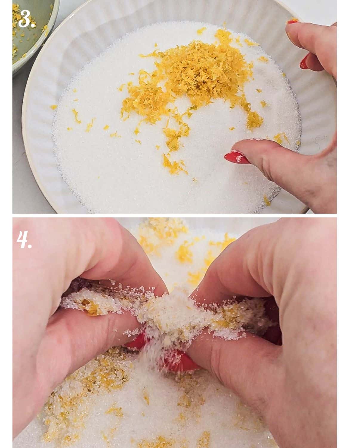 Rubbing the lemon zest into the sugar. 