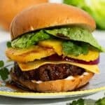 A beyond burger with Hawaiian style trimmings made in the air fryer.