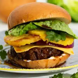 A beyond burger with Hawaiian style trimmings made in the air fryer.