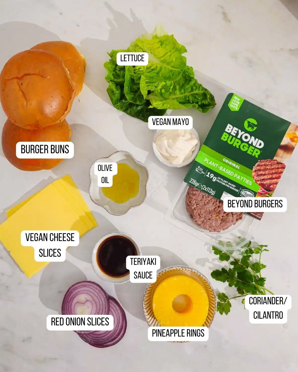 Ingredients for Beyond Burger in the air fryer with Hawaiian trimmings. 