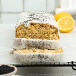 Lemon and Poppy Seed cake sliced up and ready to eat.