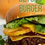 Deliciously stacked beyond burger with teriyaki sauce and grilled pineapple ready to eat.