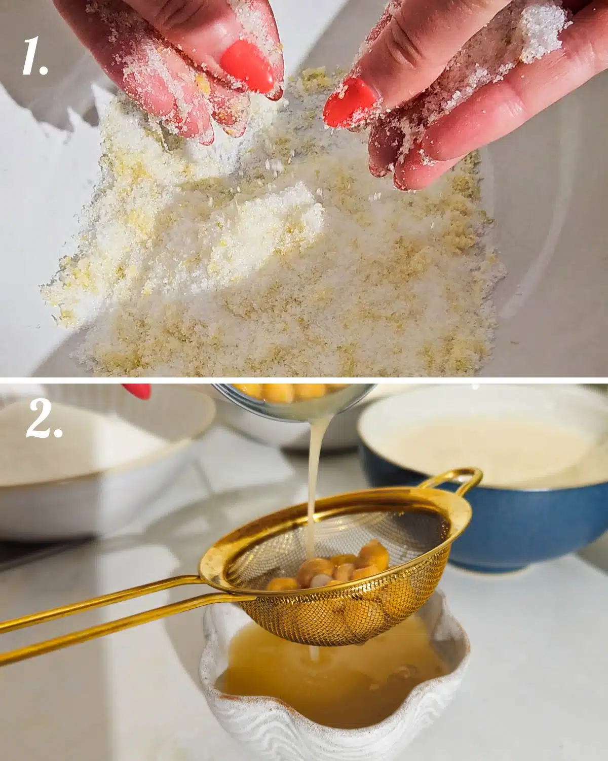 Zesting lemon with sugar and draining chickpeas for the aquafaba.