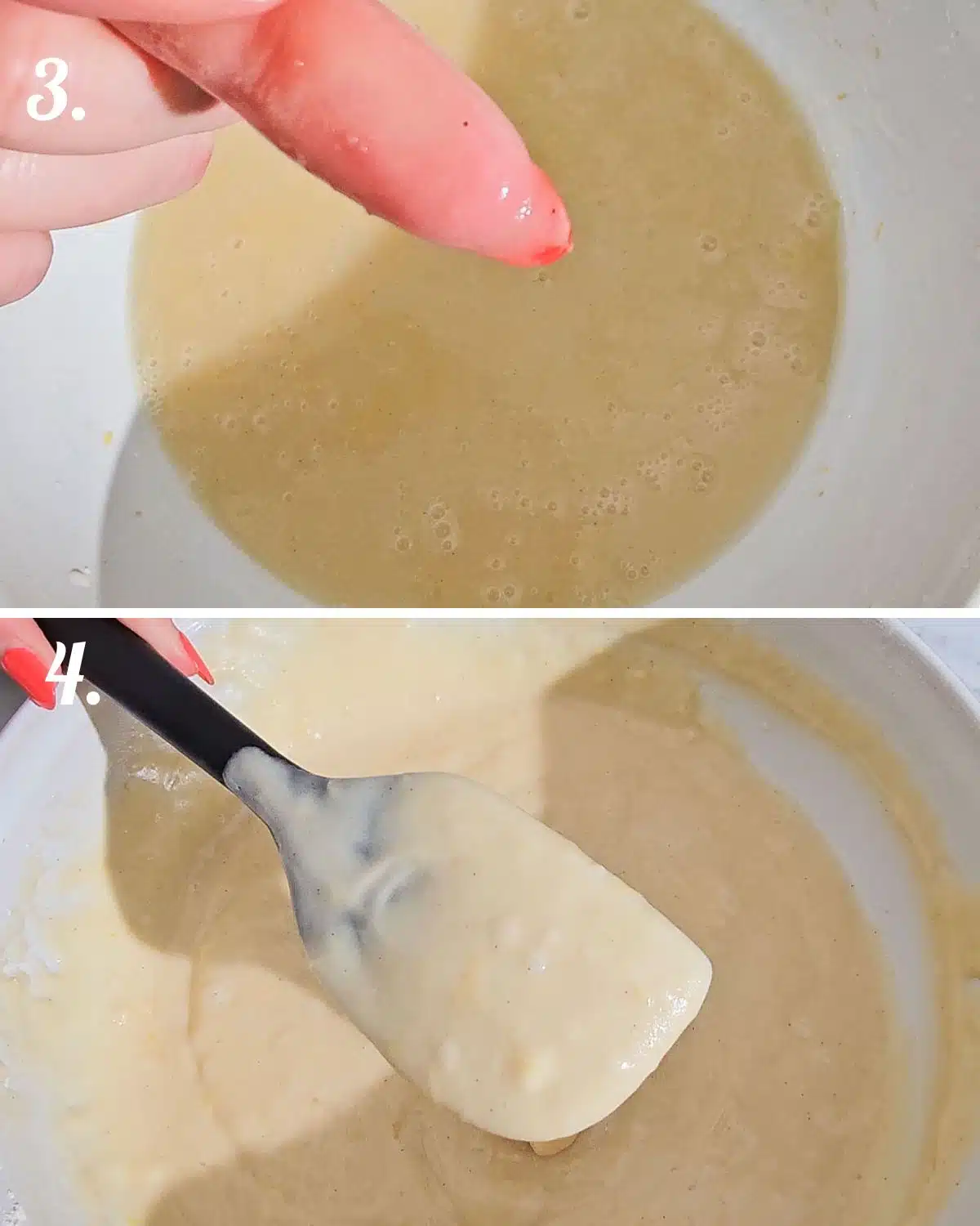 How the wet ingredients should look when mixed together, then how the batter should look when it is ready.