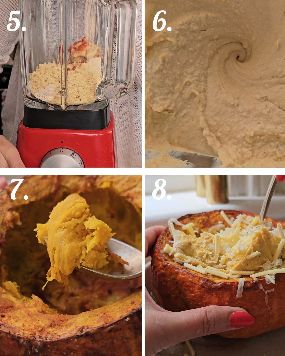 Steps for making the cheesy filling in a blender, then adding it to the inside of the pumpkin before roasting.