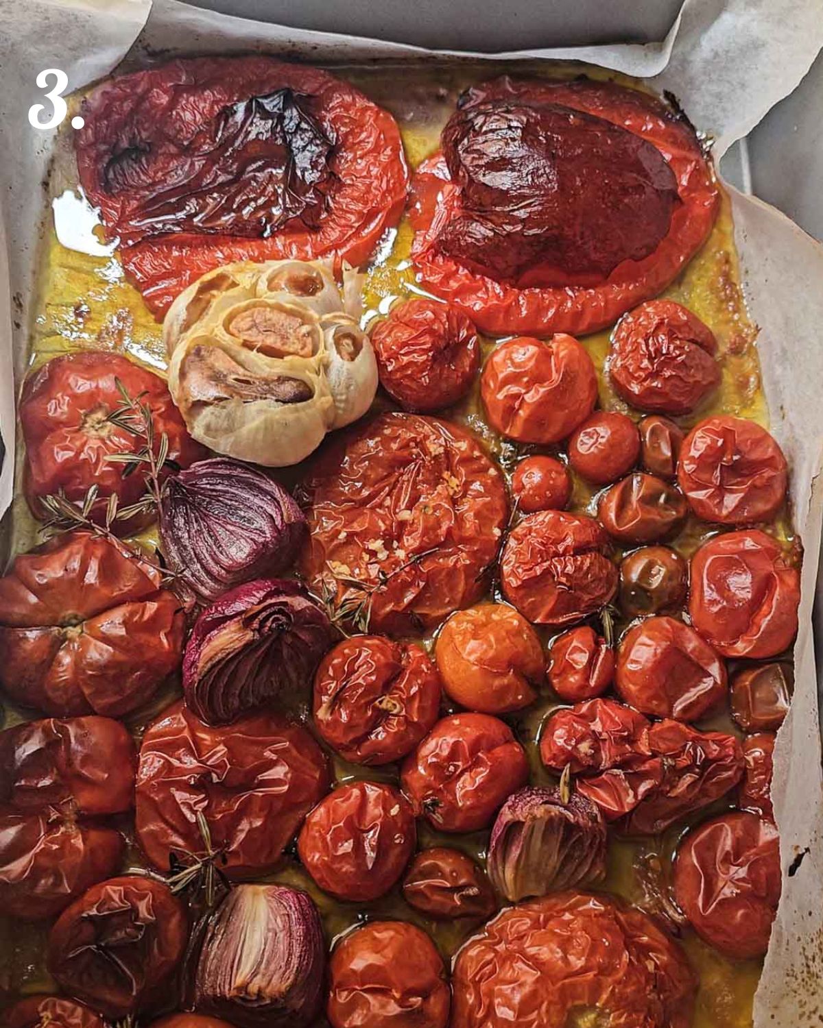 The peppers and tomatoes roasted and ready to blend into soup.