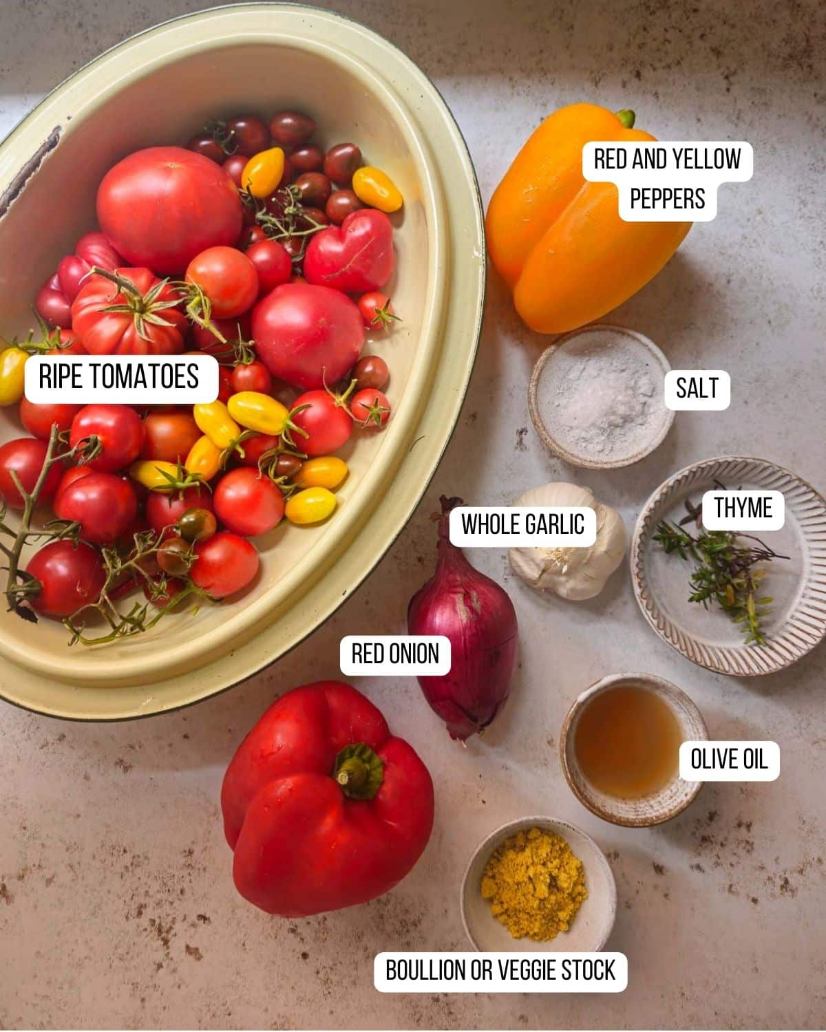Ingredients for the roasted pepper and tomato soup laid out ready to use.
