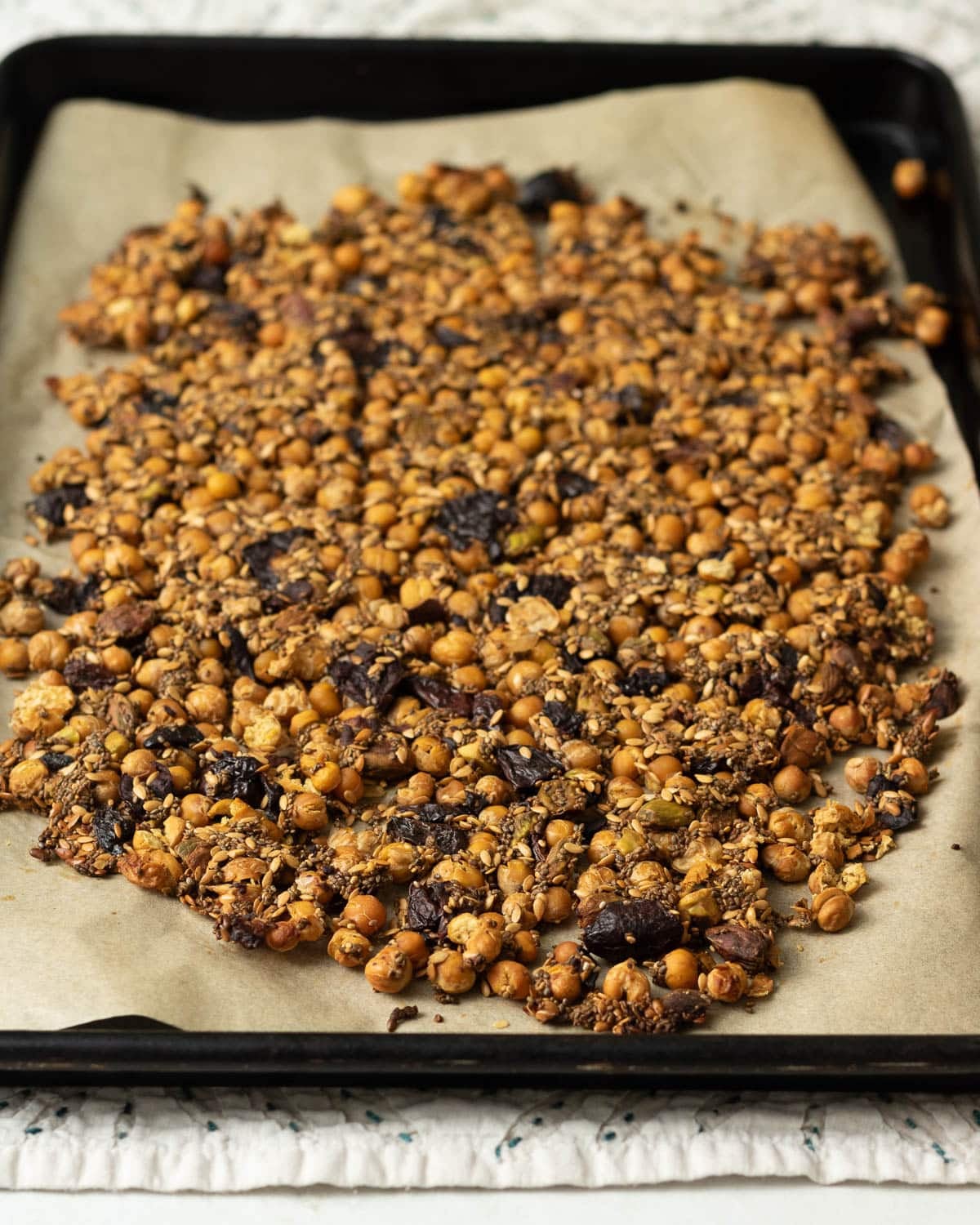 When the chickpeas are crispy remove from oven and break into snackable chunks.
