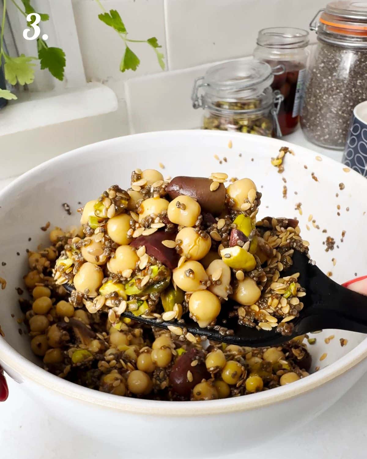 Add the chickpeas and any other seeds or add ins you want for your granola.