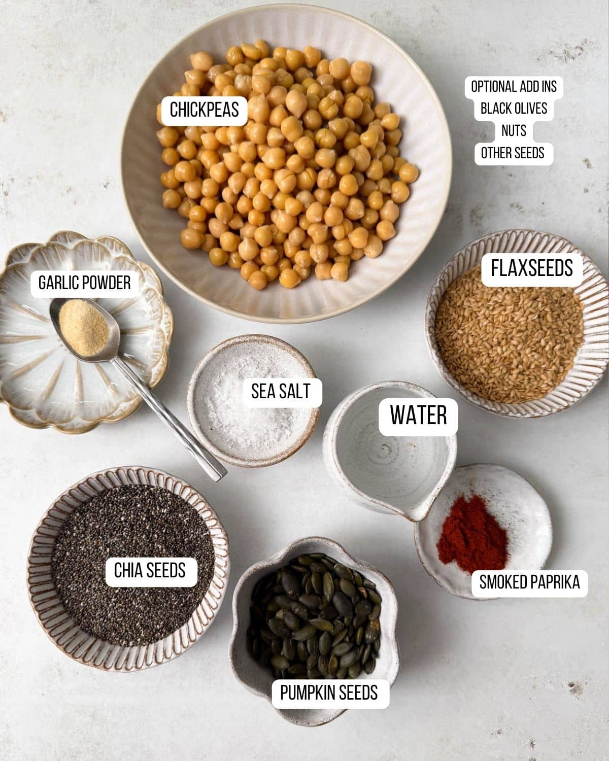 Ingredients for the savoury chickpea granola laid out ready to eat.