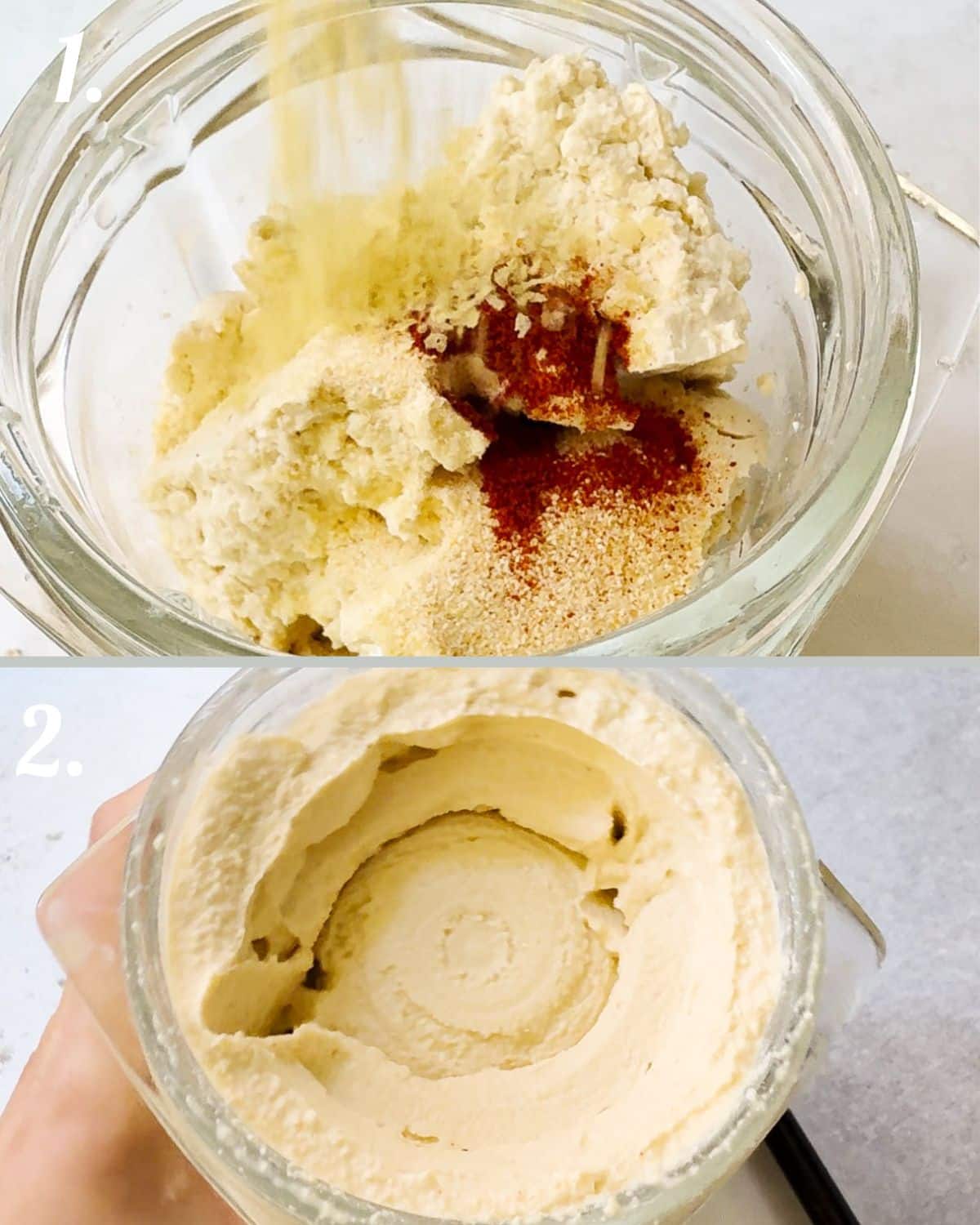 Showing the ingredients of the tofu crackers in the blender , then the smooth cracker paste ready to use.