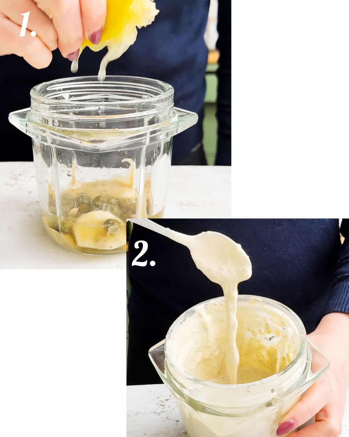 Make the tahini caesar salad dressings in blender. 