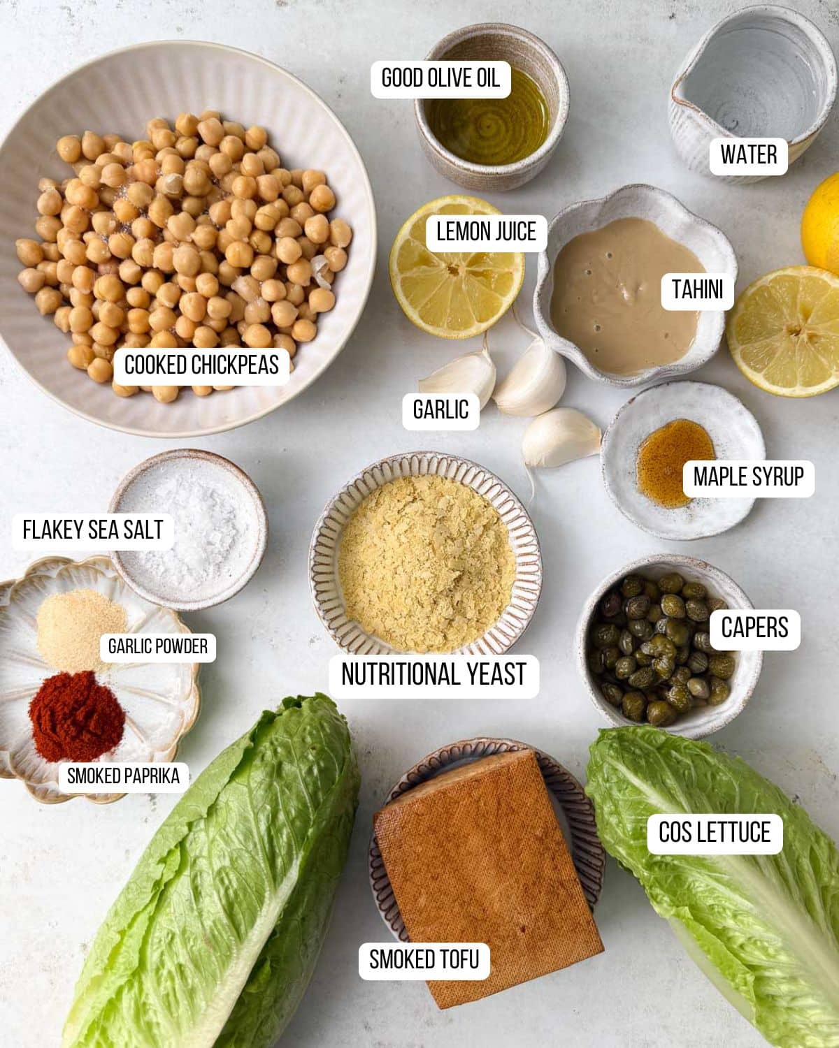 Ingredients for the vegan caesar salad all laid out ready to use. 