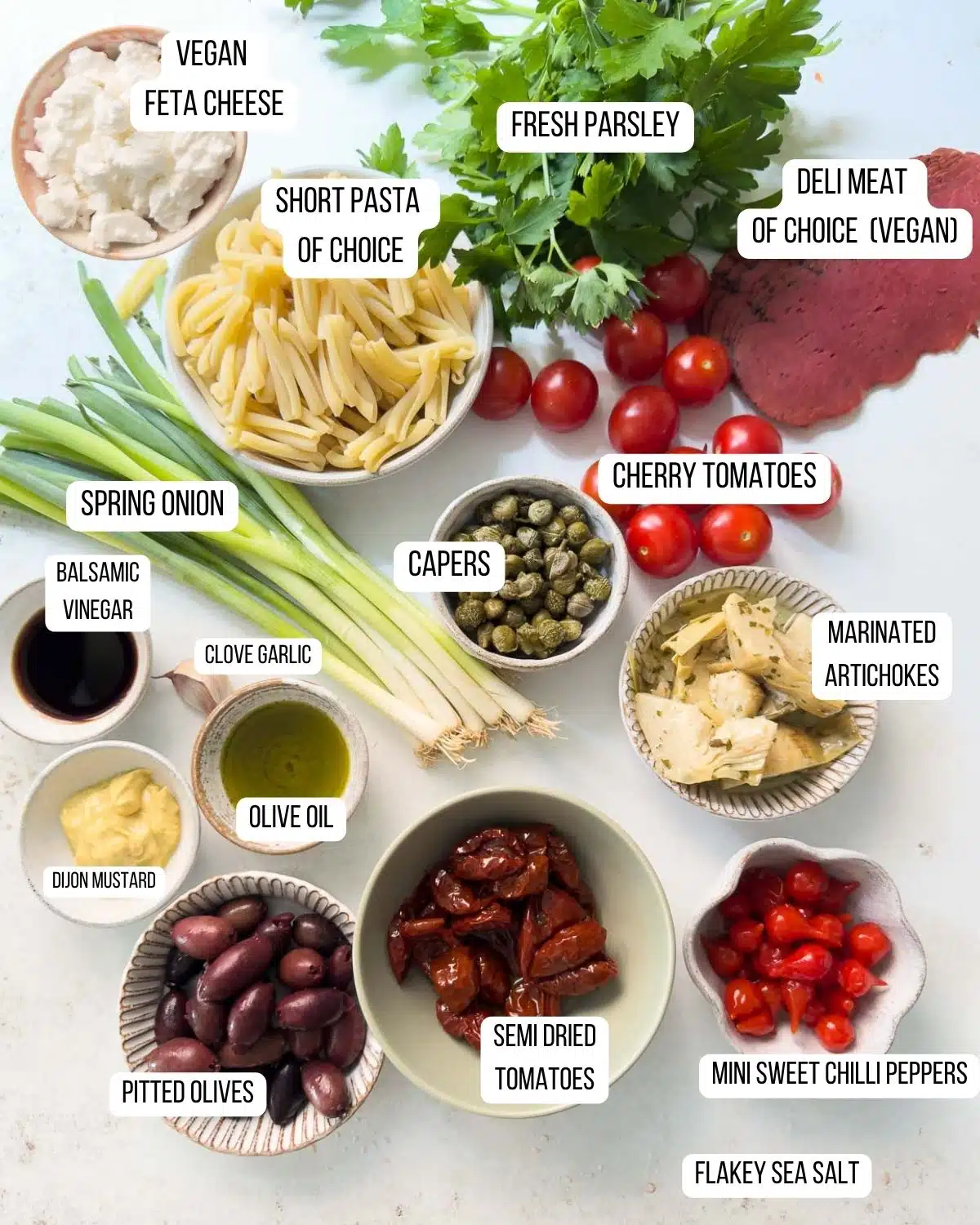 Ingredients for the antipasto pasta salad laid out ready to use. 