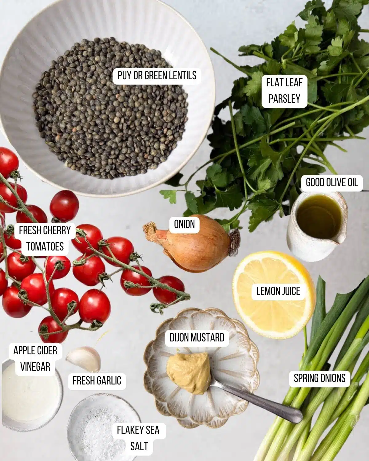 Ingredients for the lentil salad laid out ready to use.