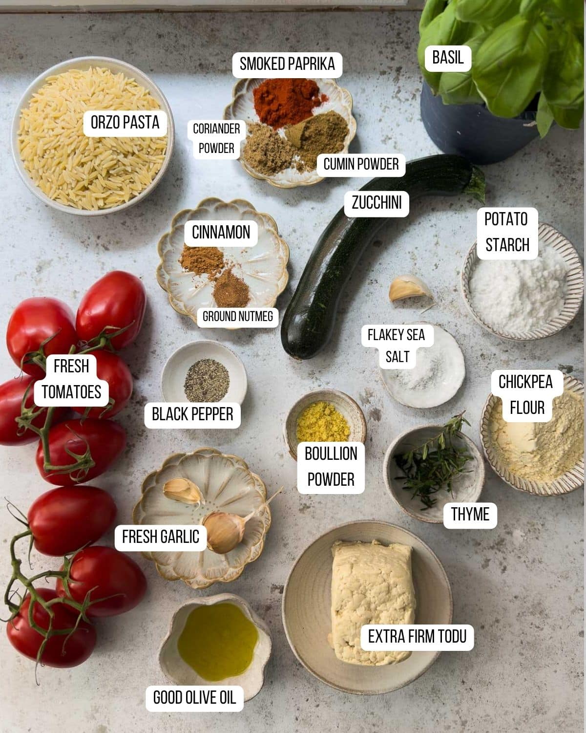 Ingredients laid out for the tomato orzo and tofu zucchini balls.