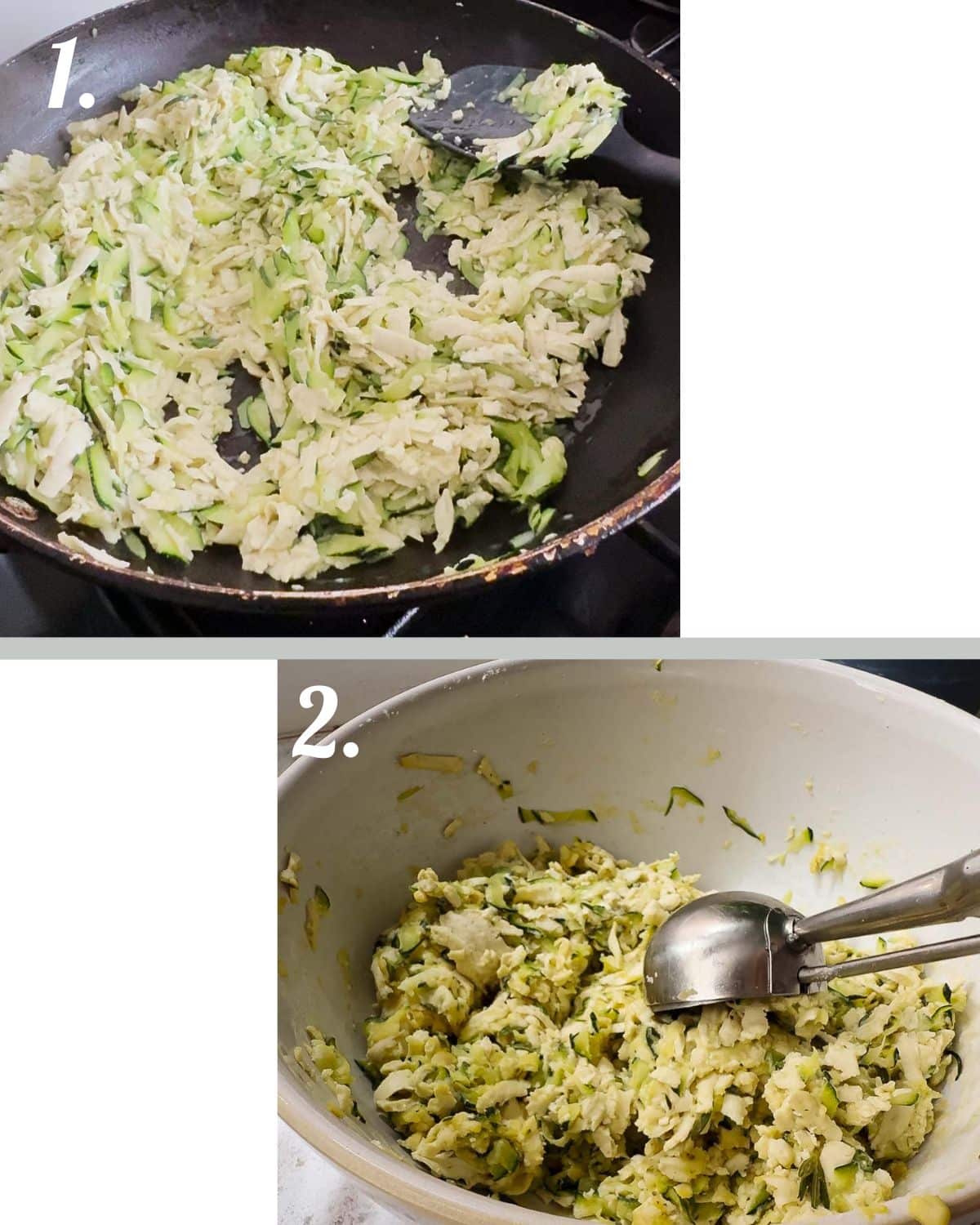Step 1 to make tofu zucchini balls is cook the shredded tofu and zucchini. Step 2. Mix together with seasonings, chickpea flour and potato starch. Leave to firm up.