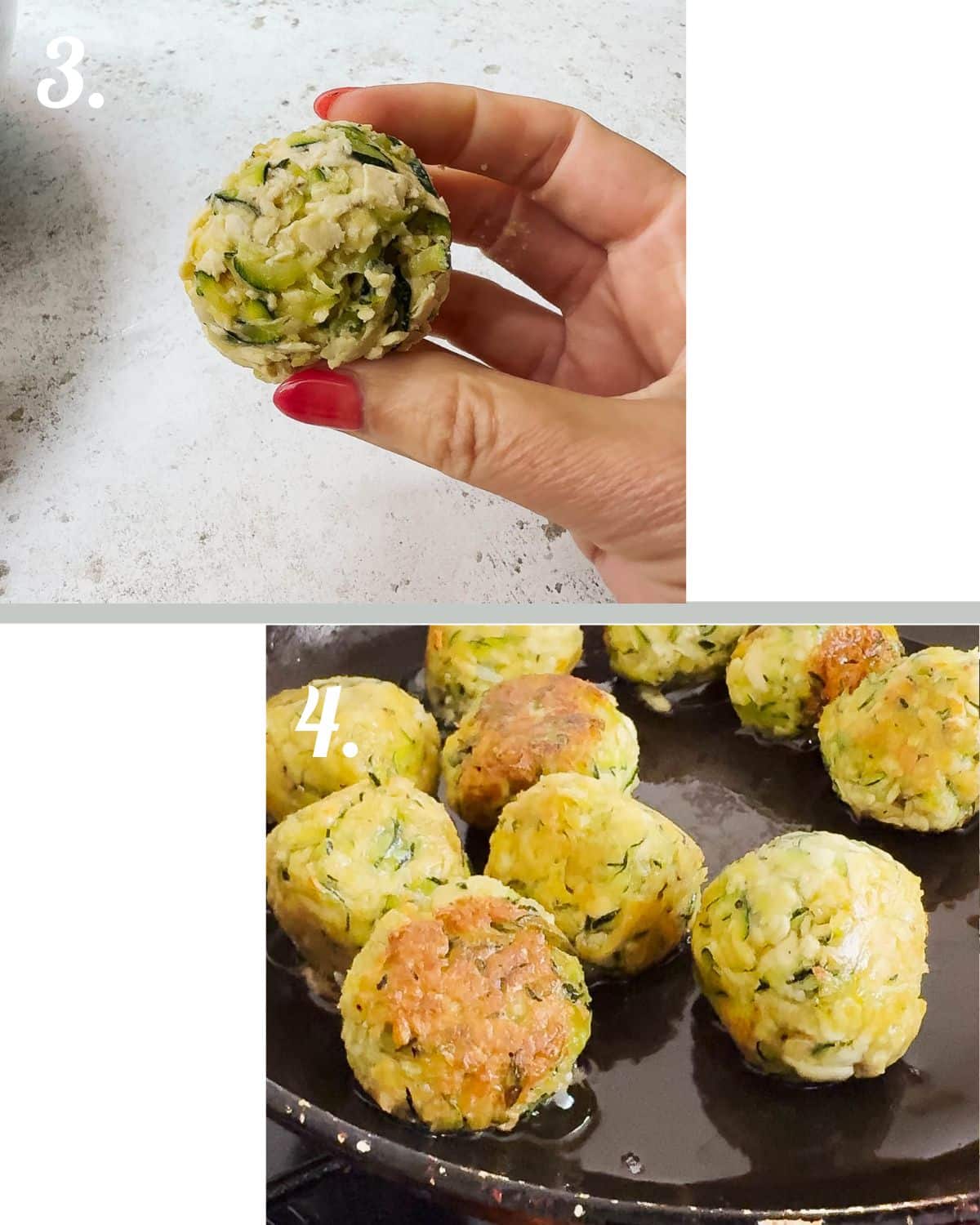Step 3 scoop the tofu zucchini mixture with an icecream scoop and roll. Step 4 pan fry until crispy on the outside.