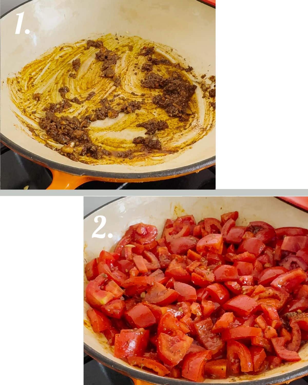 Step 1 to make the orzo tomato pasta, is fry off the garlic and add the spices. Step 2 is add in the chopped tomatoes and let them cook.