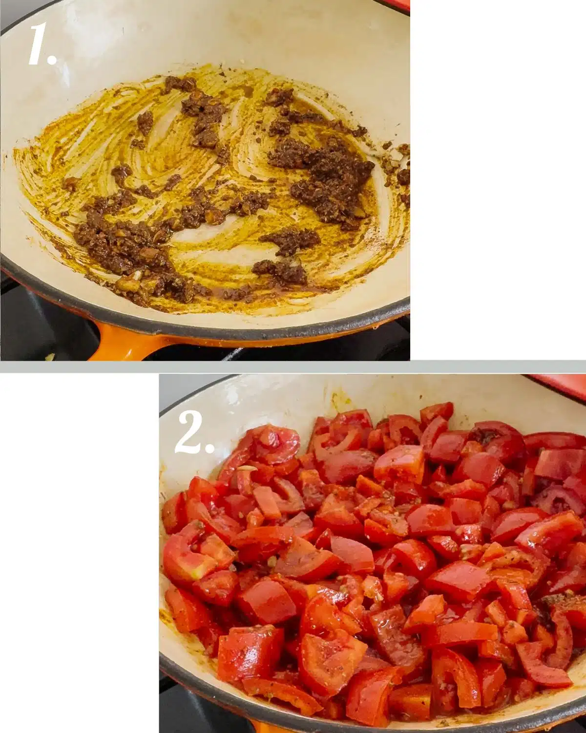 Step 1 to make the orzo tomato pasta, is fry off the garlic and add the spices. Step 2 is add in the chopped tomatoes and let them cook.