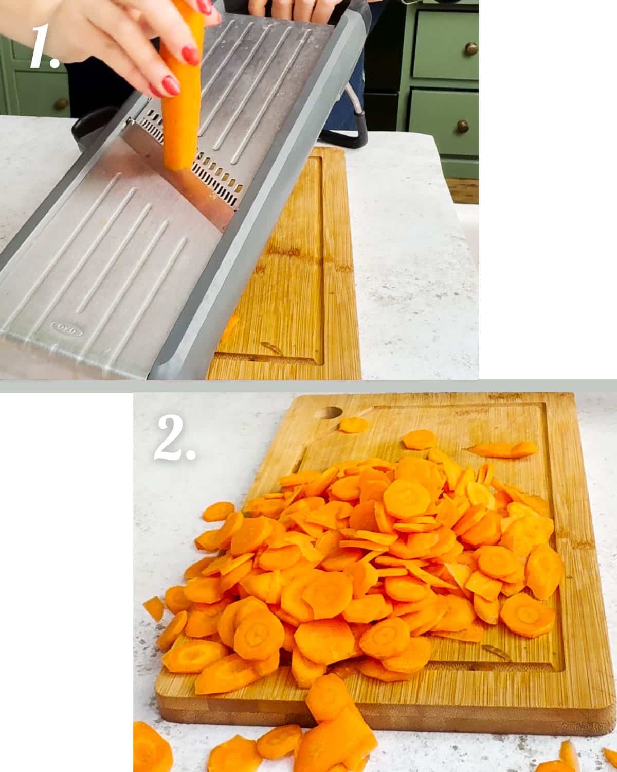 Finely slicing the carrots ready to use.