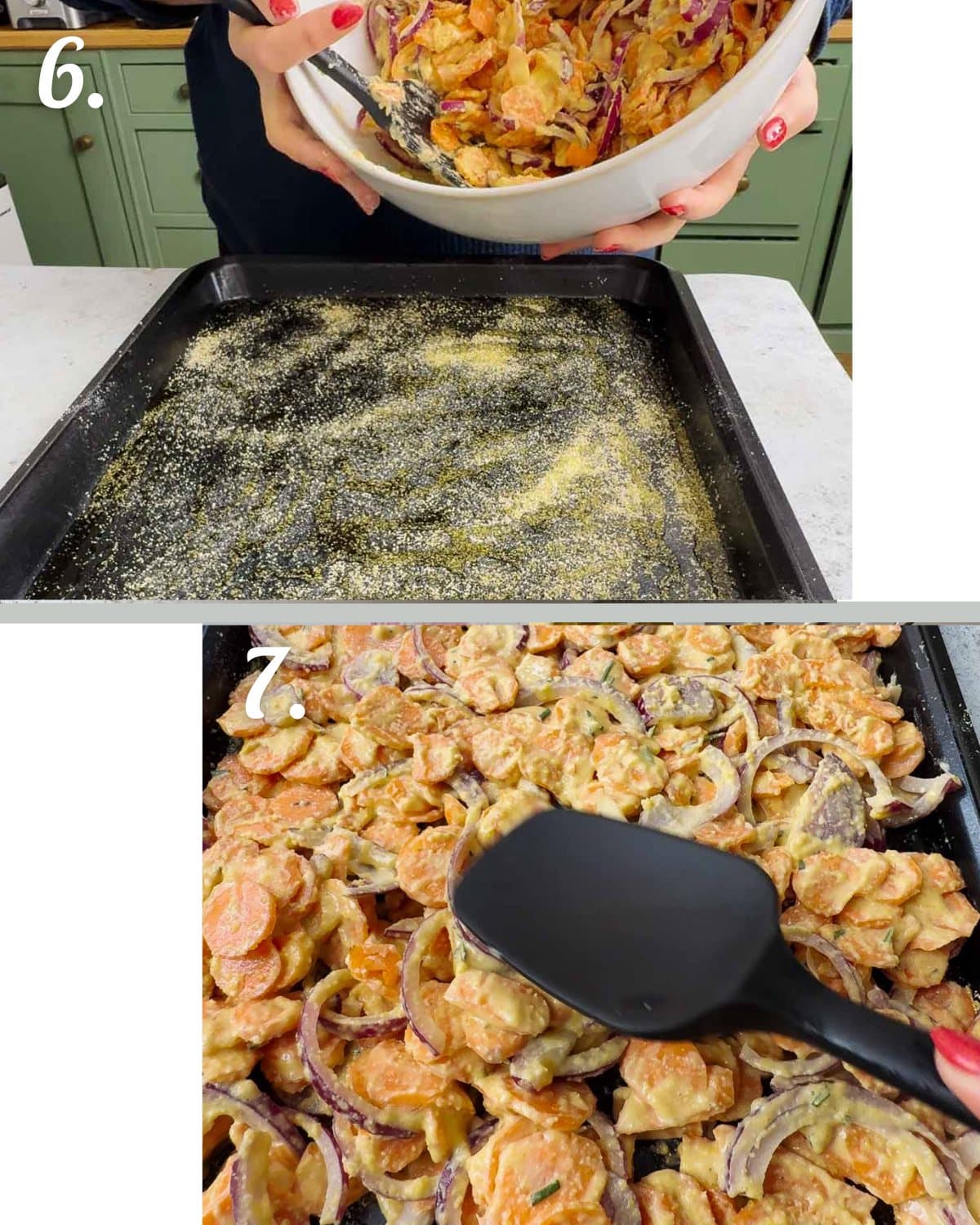 Showing how to turn the carrot and scarpaccia mixture out onto the pan and push it down before baking.