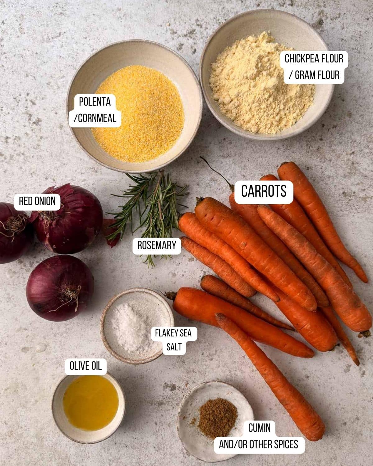 Ingredients of carrot and onion scarpaccia laid out ready to use.