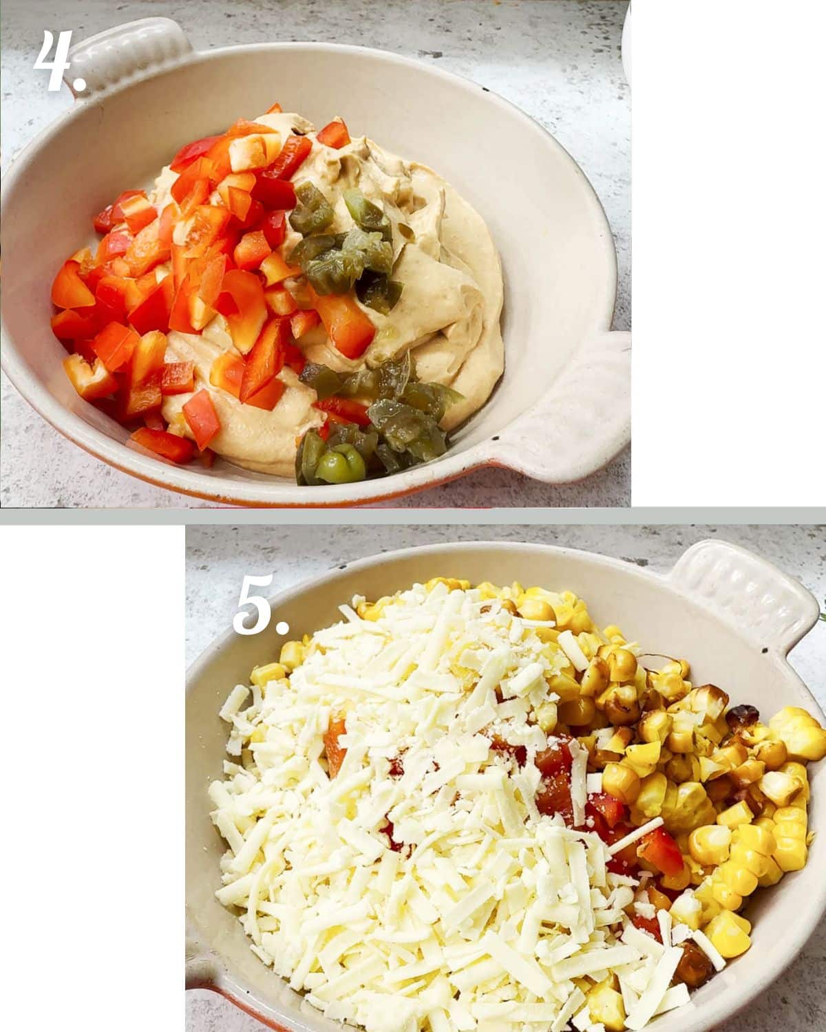 Assembling the queso and other ingredients into a heat proof casserole.