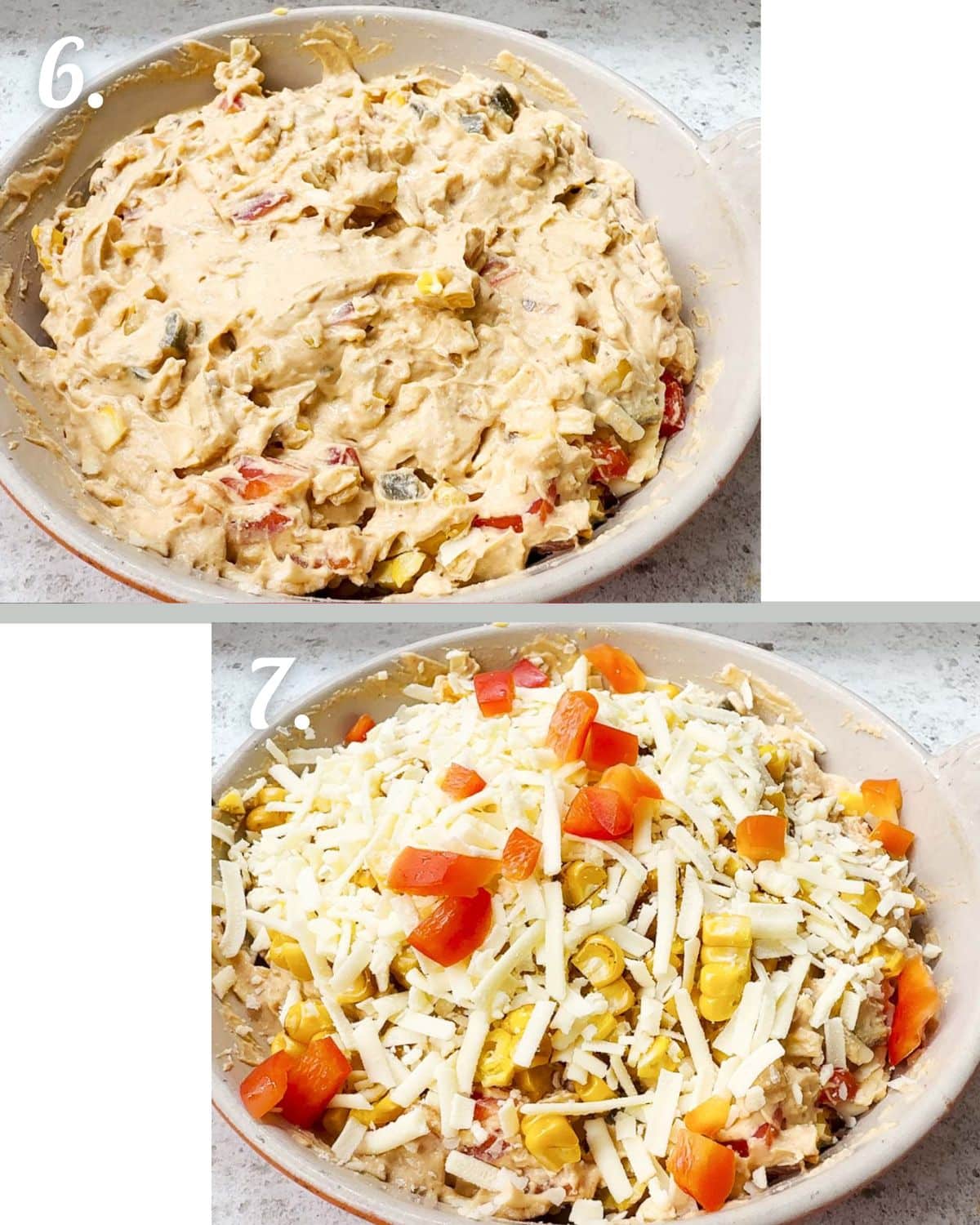 The ingredients for the queso dip mixed, then topped with more cheese and corn before going in the oven to heat and get melty.