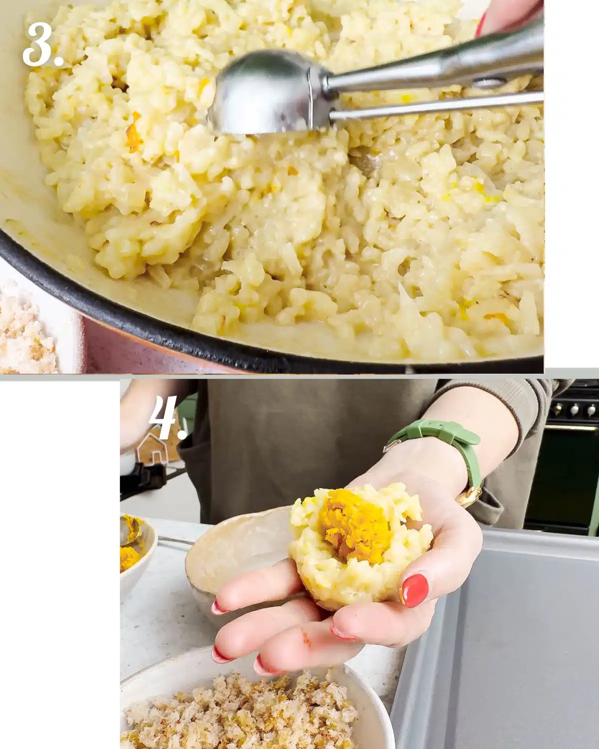 Showing how to fill the rice balls with the filling.