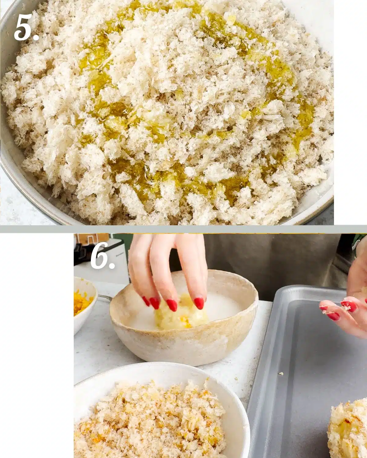 Making the seasoned crispy panko coating for the arancini balls.