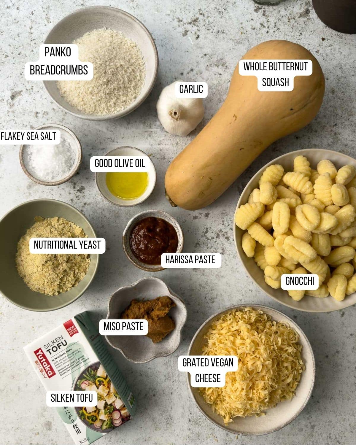 Ingredients for the butternut squash and gnocchi bake laid out ready to use.