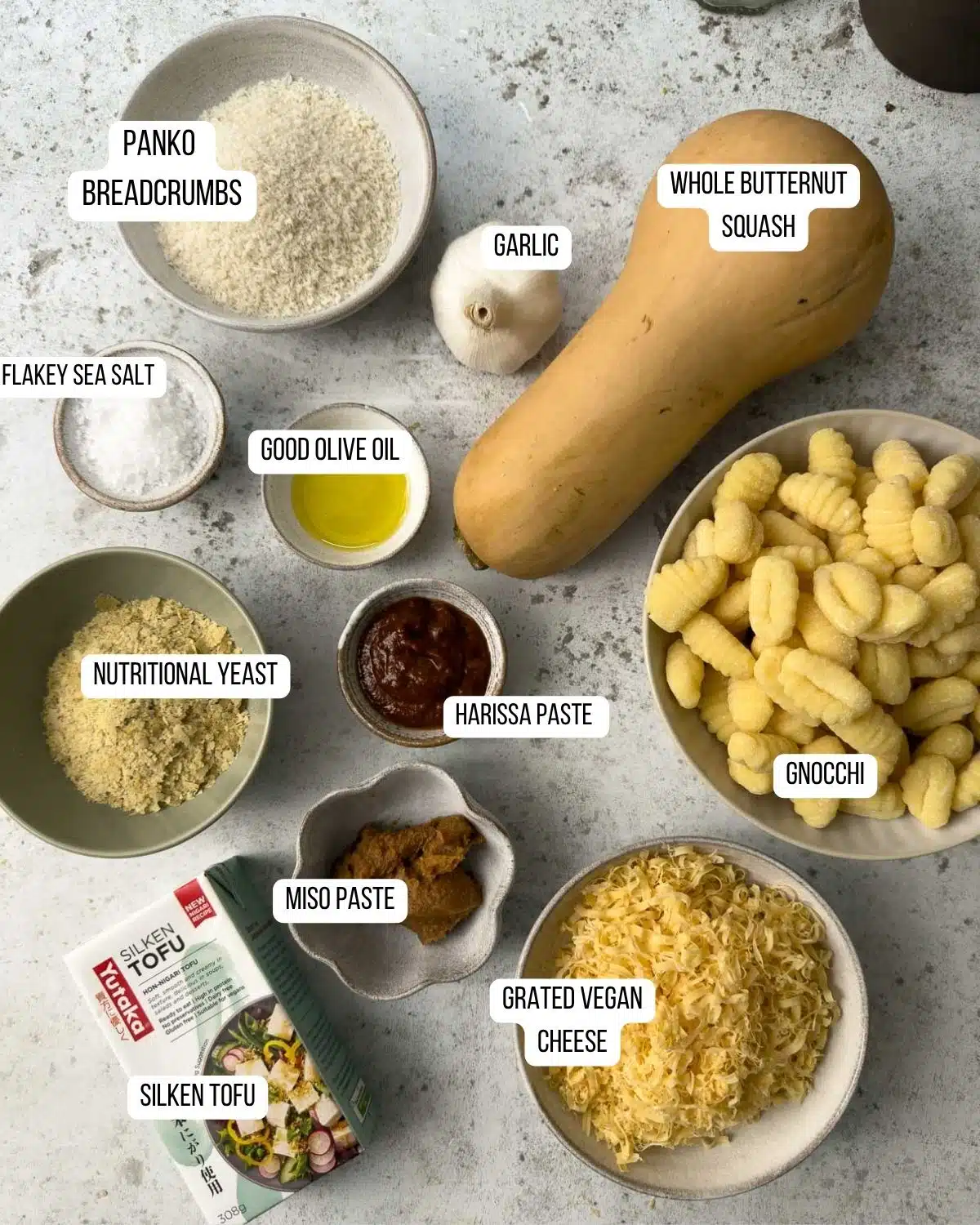 Ingredients for the butternut squash and gnocchi bake laid out ready to use.