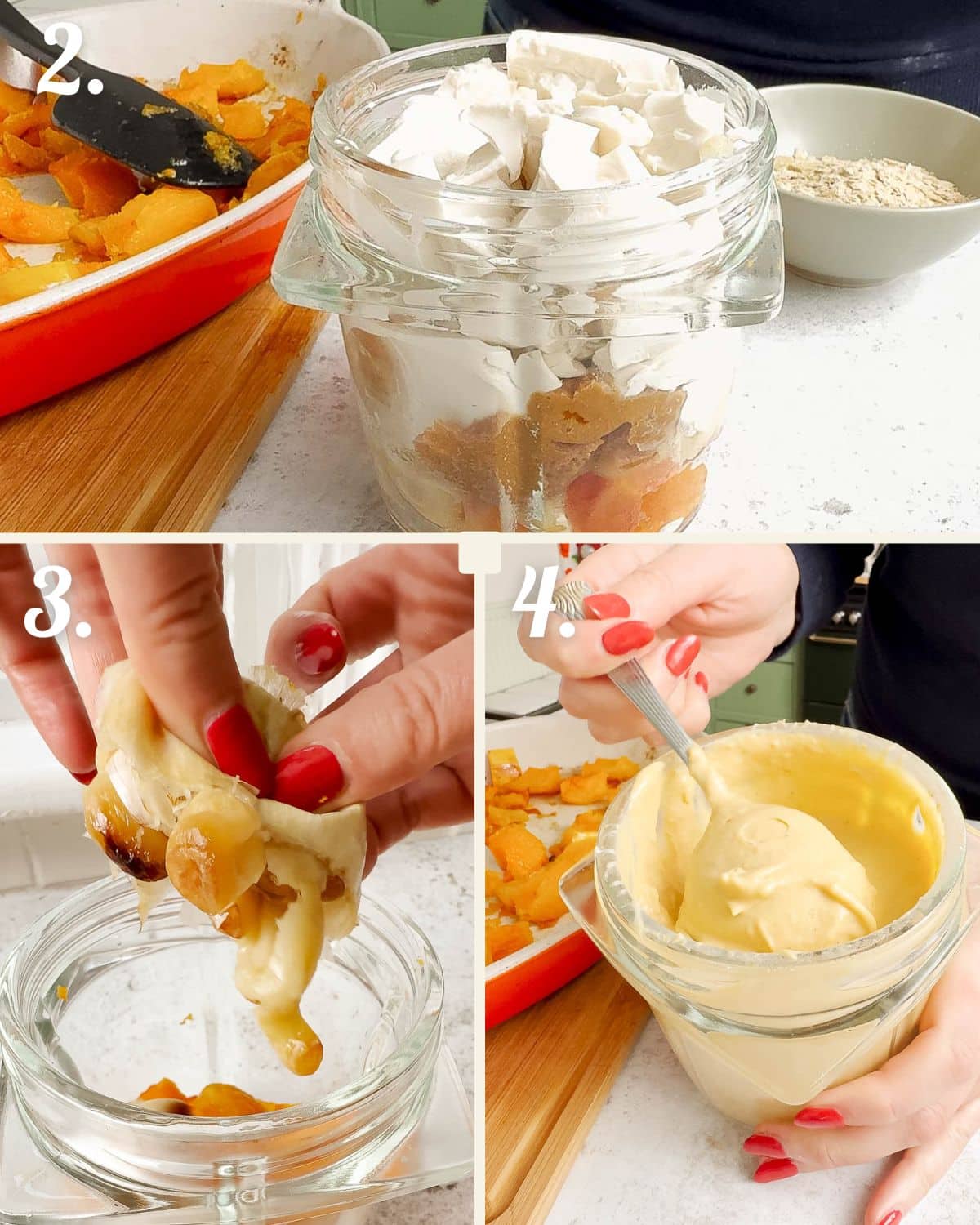 Showing how the creamy cheese sauce is made with tofu.