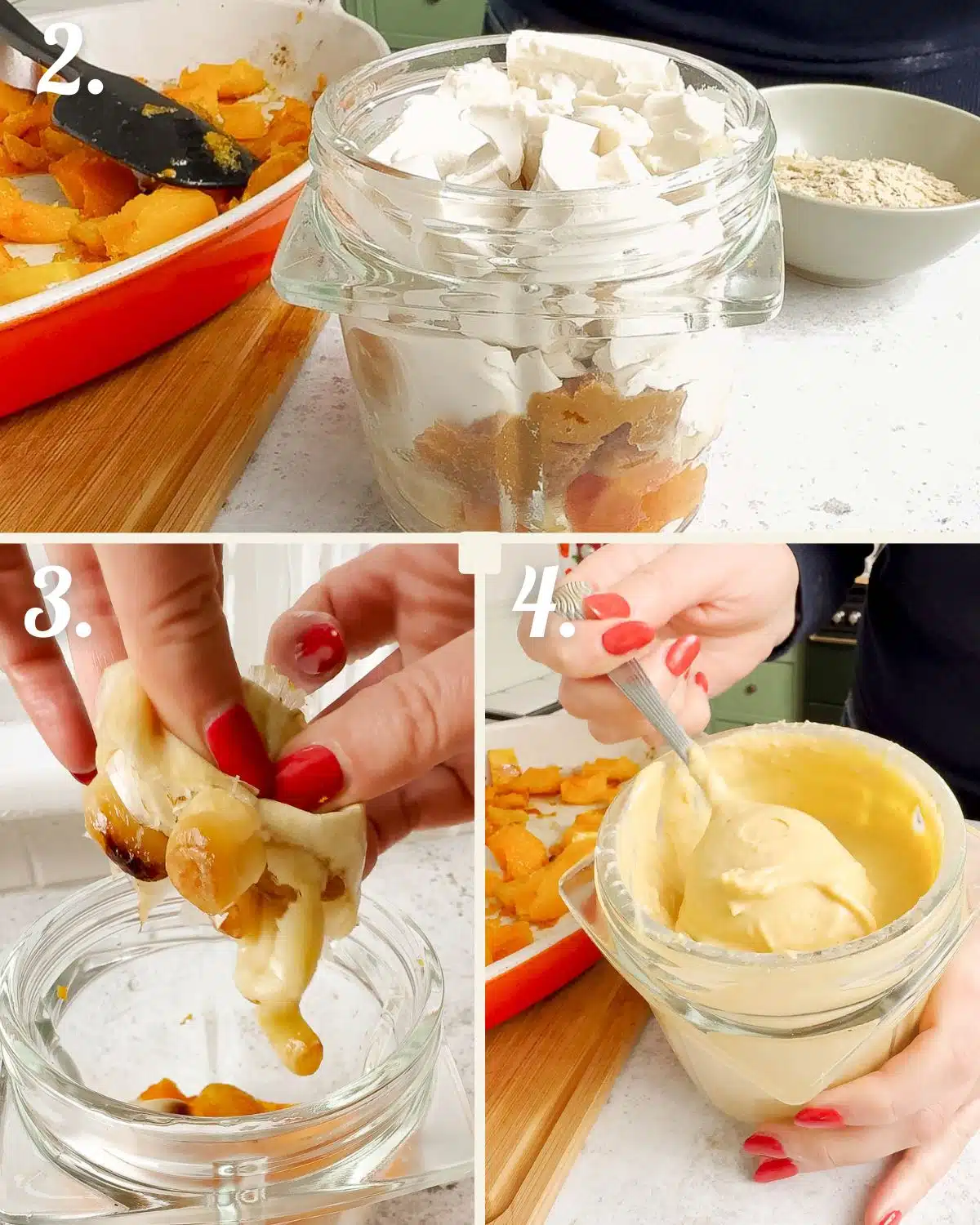 Showing how the creamy cheese sauce is made with tofu. 